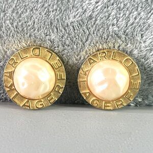 Karl Lagerfeld Vintage Imitation Pearl Clip Earrings Iconic Baroque Round Logo